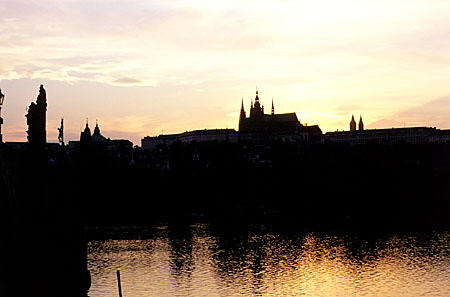 Sunset seen from Charles Bridge in Prague. Czech Republic.