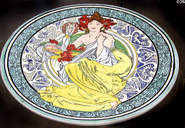 Porcelain plate (1897) with symbols of Paris Exposition Universelle (1900) by Alphonse Mucha at Mucha Museum. Prague, Czech Republic.