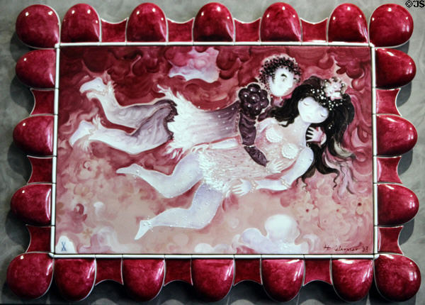 Meissen Porcelain plaque in red lovers in clouds (1993) by Heinz Werner at Meissen factory. Meissen, Germany.