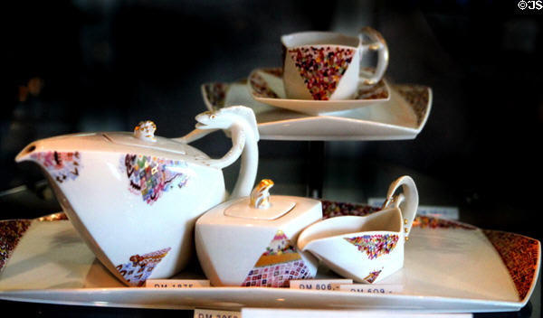 Meissen Porcelain tea service with lizard handle (c1993) at Meissen factory. Meissen, Germany.