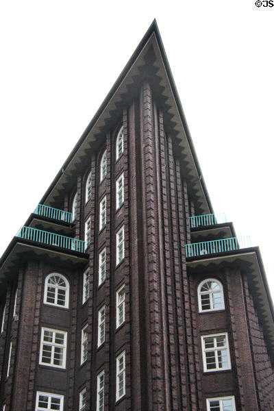 Upper levels of Chilehaus, reflecting expressionist architecture. Hamburg, Germany.