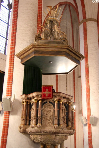 Alabaster & marble pulpit & canopy with fine carvings (1610) by Georg Bauman in St Jacobi Church. Hamburg, Germany.