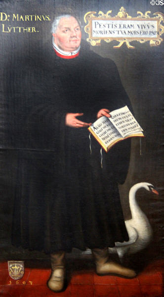 Martin Luther with a swan which frequently symbolizes Luther in Lutheran art, painting (1603) by Jacob Jacobs in St Peter's Church. Hamburg, Germany.