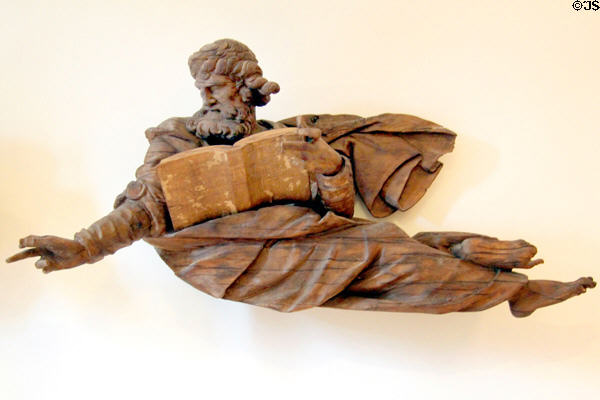 Wood carving of St Luke (c1640) from high altar of St Catherine's Church sculpted by Henning Heitridder at Hamburg History Museum. Hamburg, Germany.