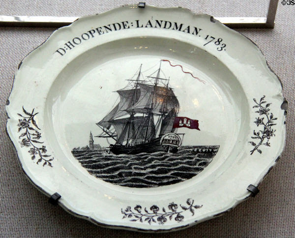 English earthenware commemorative plate (1783) for Hamburg sailing ship at Hamburg History Museum. Hamburg, Germany.