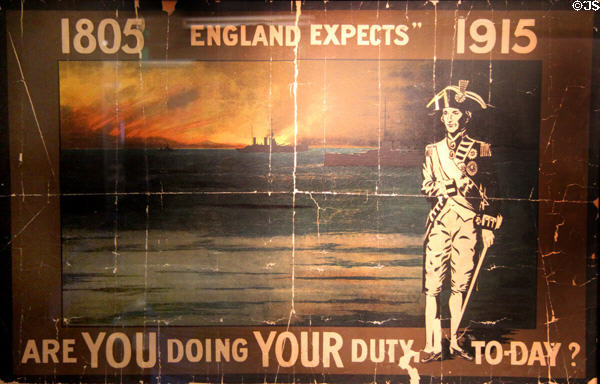 British WWI propaganda poster encouraging men to enlist with image of Horatio Nelson at International Maritime Museum. Hamburg, Germany.