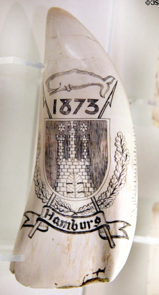 Scrimshaw carving with coat-of-arms of Hamburg (1873) at International Maritime Museum. Hamburg, Germany.