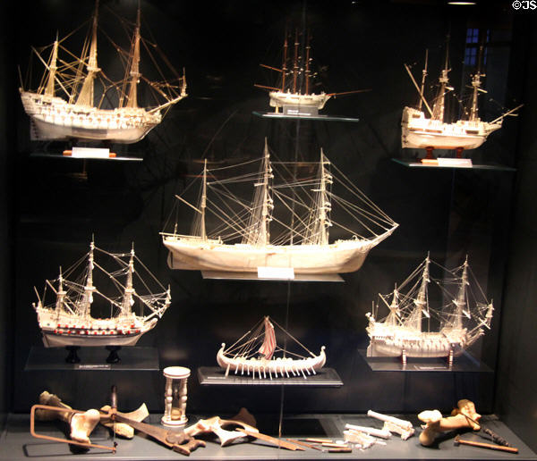 Ships & rigging delicately carved from ivory at International Maritime Museum. Hamburg, Germany.