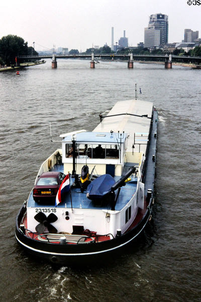 Barge on Main River. Frankfurt am Main, Germany.