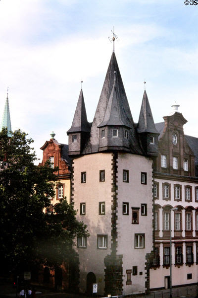 Corner tower of Saalhof which houses Historical Museum. Frankfurt am Main, Germany.