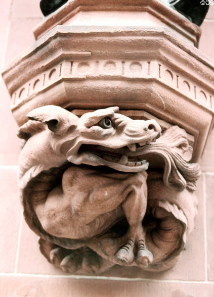Decorative detail of mythical carving on Rathaus (city hall) in Römer area. Frankfurt am Main, Germany.