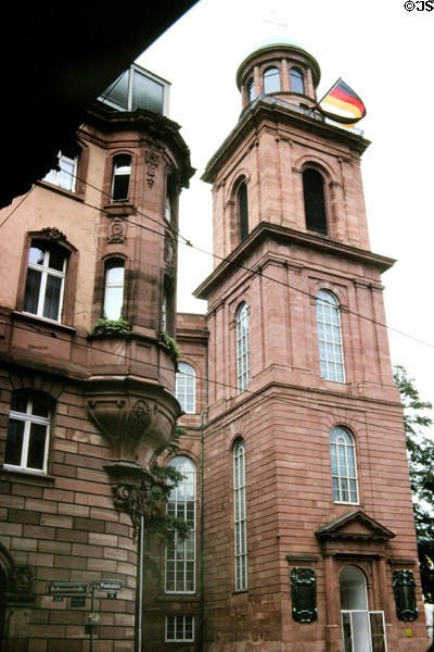 Tower of Paulskirche (1833), built as a Lutheran church, is noted for its use by the German National Assembly after revolution 1848-49 because its round shape was well suited to that purpose. Frankfurt am Main, Germany. Style: Neo Classical. Architect: Rudolf Schwarz, Johannes Krahn, Eugen Blanck, Gottlob Schaupp.