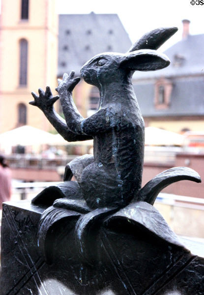 Rabbit sculpture on Struwwelpeter (Shockheaded) fountain near Hauptwache S-Bahn station. Frankfurt am Main, Germany.