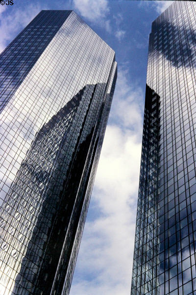 Deutche Bank twin towers, 38 & 40 stories, reflecting each other in Westend Sud district. Frankfurt am Main, Germany.