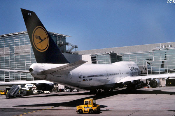 Lufthansa Boeing 747 plane at gate at Frankfurt am Main Airport. Germany.