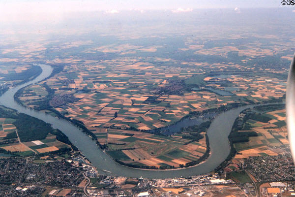 Aerial view of Rhine River bend over Gernsheim. Germany.