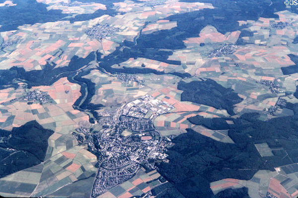 Aerial view of village, fields & forest on approach to Frankfurt am Main. Germany.