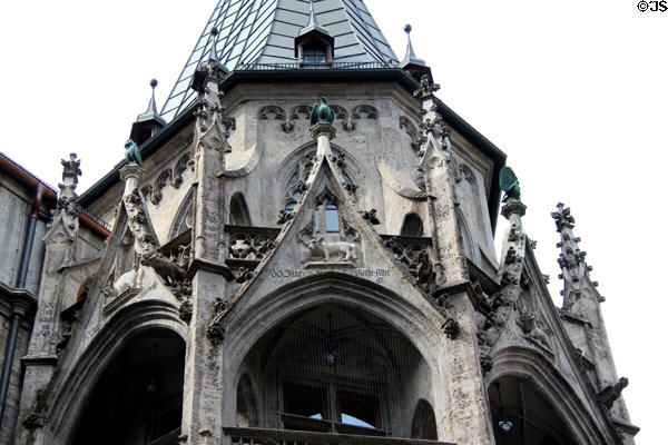 Corner tower of Neues Rathaus with gargoyles. Munich, Germany.
