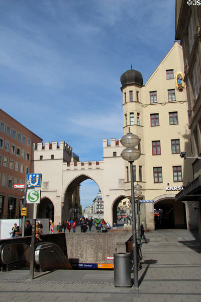 Karlstor gate at end of Neuhauser Straße pedestrian zone site of underground metro train entrance. Munich, Germany.
