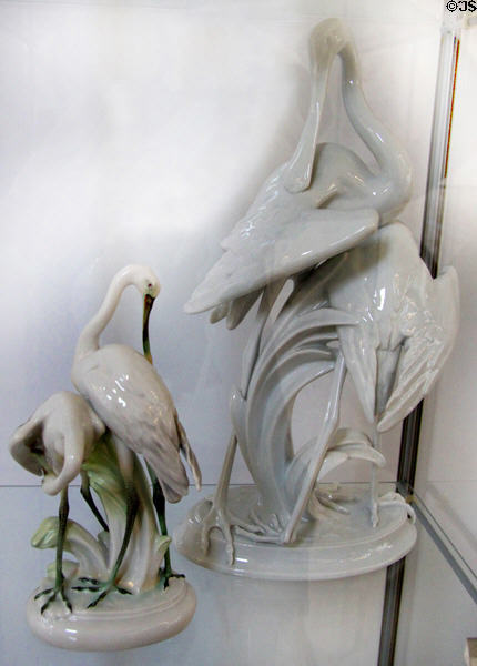 Spoonbill bird figurines (1959) by János Tóth for Herend Porcelain of Hungary at German Hunting & Fishing Museum. Munich, Germany.