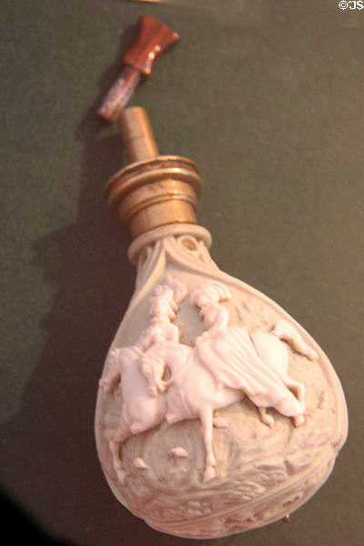 Czech powder flask (mid 19thC) of biscuit porcelain from Prague at German Hunting & Fishing Museum. Munich, Germany.