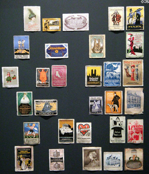 Advertising poster stamps of Jewish businesses in Munich (1900-14) at Jewish Museum Munich. Munich, Germany.