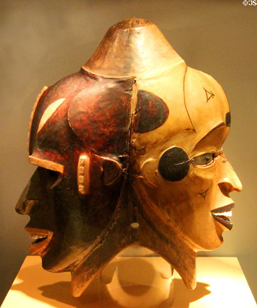Carved helmet mask with antelope skin (prior 1903) by Ejagham or Mbube people of Nigeria at Five Continents Museum. Munich, Germany.