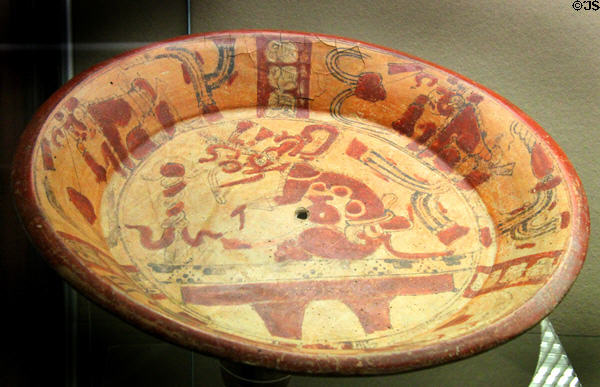 Mayan ceramic ritual sacrifice bowl painted with jaguar (600-900 CE) from Mexico or Guatemala at Five Continents Museum. Munich, Germany.