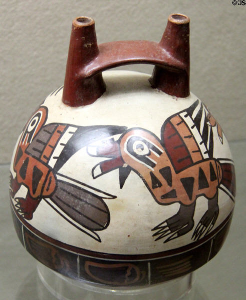 Nazca culture ceramic vessel painted with birds (100-700 CE) from southern coast of Peru at Five Continents Museum. Munich, Germany.
