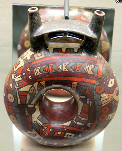Nazca culture ceramic vessel painted with mixed creatures (100-700 CE) from southern coast of Peru at Five Continents Museum. Munich, Germany.