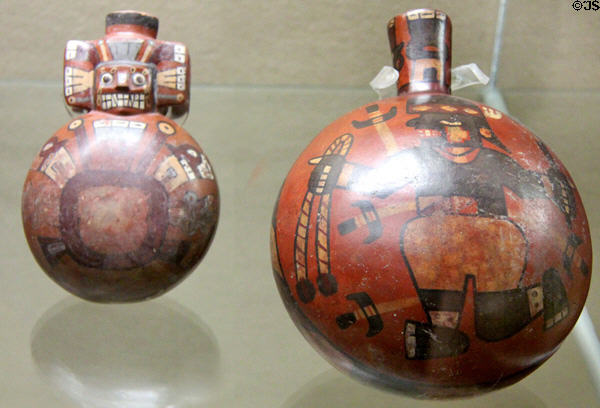Tiwanaku-Wari culture ceramic flasks painted with human figures (600-1100 CE) from Peru at Five Continents Museum. Munich, Germany.