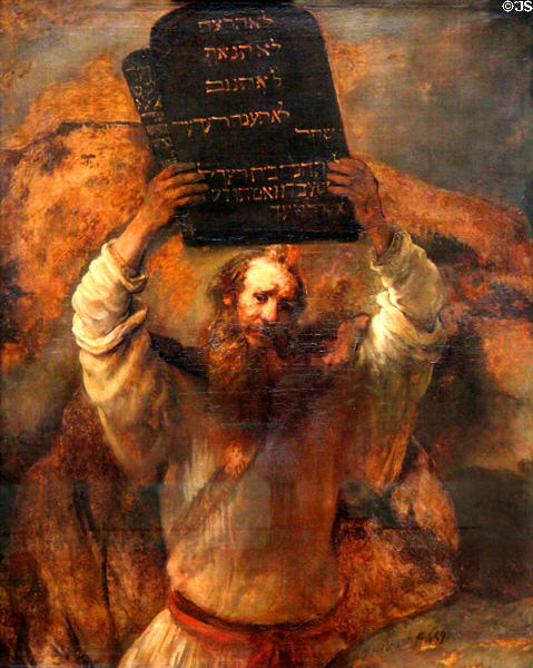 Moses smashing the tablets painting (1659) by Rembrandt van Rijn at Berlin Gemaldegalerie. Berlin, Germany.