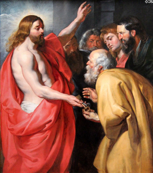 Christ gives St Peter keys to the kingdom painting (1613-5) by Peter Paul Rubens at Berlin Gemaldegalerie. Berlin, Germany.