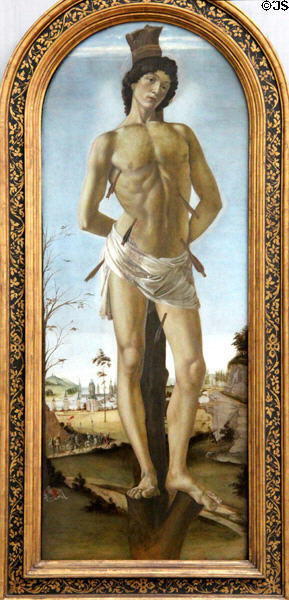 St Sebastian painting (1474) by Sandro Botticelli at Berlin Gemaldegalerie. Berlin, Germany.