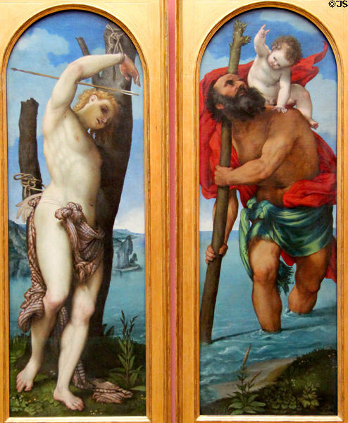St Sebastian & St Christopher painting (1531) by Lorenzo Lotto at Berlin Gemaldegalerie. Berlin, Germany.