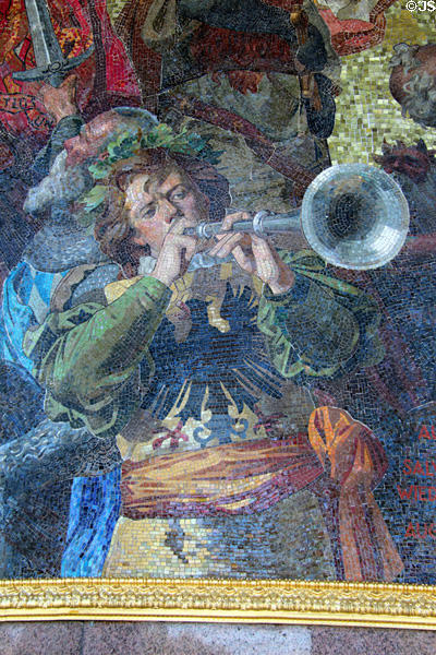 Trumpet detail of Unification of Prussian Reich mosaic by Anton von Werner at Victory Column. Berlin, Germany.