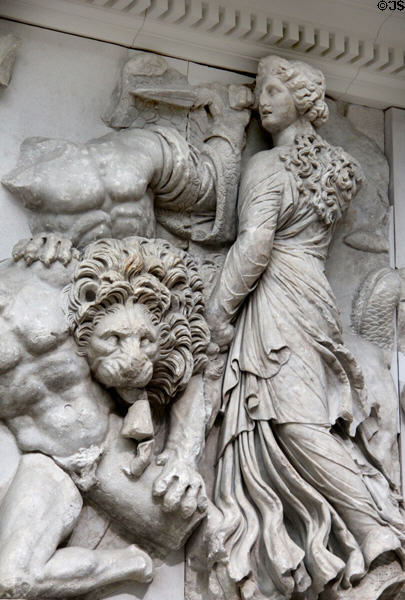 Details of Hellenistic carvings on Pergamon main altar (c170 BCE) at Pergamon Museum. Berlin, Germany.