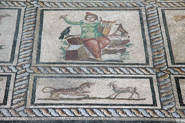 Detail of woman playing lyre over tiger confronting goat on Roman mosaic section of Orpheus floor from Miletus (2ndC CE) at Pergamon Museum. Berlin, Germany.