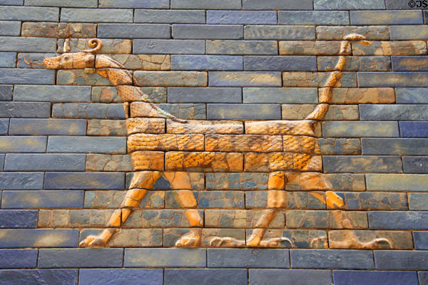Mythical mushkhushshu dragon detail of Ishtar Gate at Pergamon Museum. Berlin, Germany.