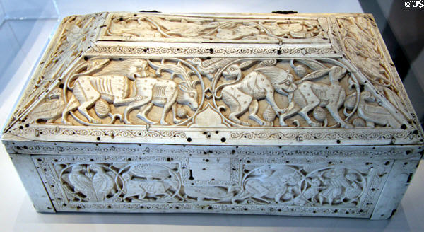 Ivory chest decorated with lion & prey (11th-12thC) from lower Italy or Sicily at Pergamon Museum. Berlin, Germany.