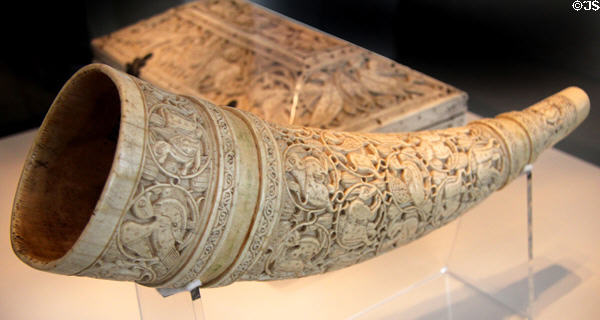 Ivory signal horn decorated with various figures in relief (11th-12thC) from lower Italy or Sicily at Pergamon Museum. Berlin, Germany.