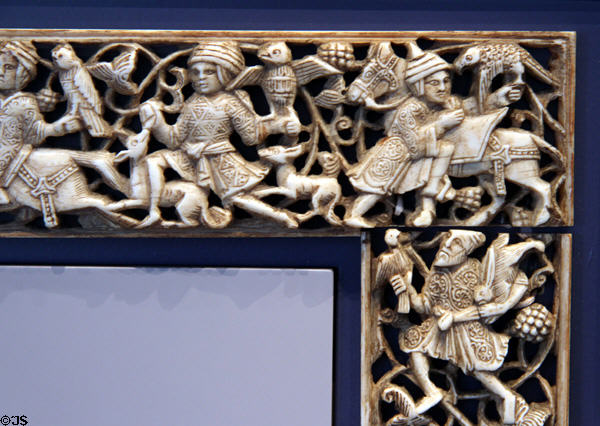 Corner detail of ivory frame with hunting & feasting scenes (11th-12thC) from Egypt at Pergamon Museum. Berlin, Germany.