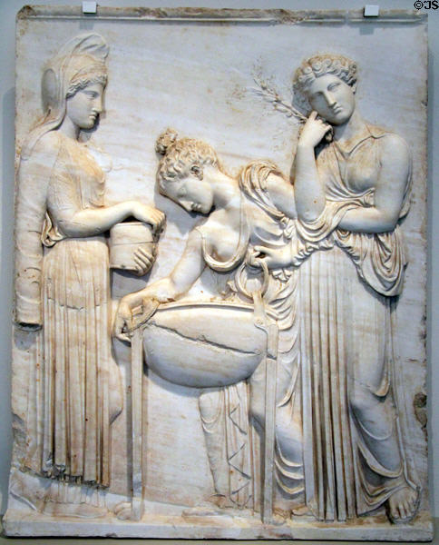 Medea & Daughter of Pelias marble relief sculpture (2ndC AD after 420 BCE Greek original) from Rome at Altes Museum. Berlin, Germany.
