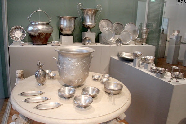 Hildesheim silver treasure with vessels in Greek shapes (c2ndC BCE) at Altes Museum. Berlin, Germany.