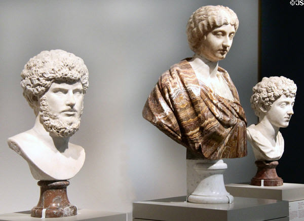 Roman imperial busts of Lucius Verus (160-170), Empress Faustina the Younger (161-170) & Marcus Aurelius (138-144) at Altes Museum. Berlin, Germany.