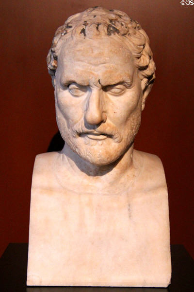 Marble portrait head of Athenian orator Demosthenes (Roman copy after Greek original 3rdC BCE) at Neues Museum. Berlin, Germany.