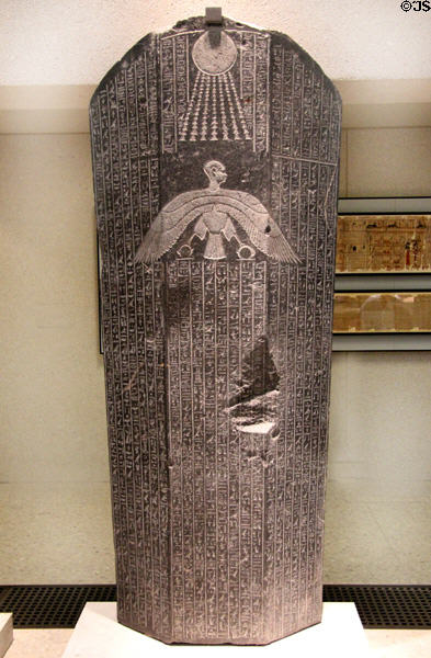 Egyptian granite sarcophagus lid of Djehapimu, royal audit officer, with Hieroglyphics (746-332 BCE) (Late Period) at Neues Museum. Berlin, Germany.