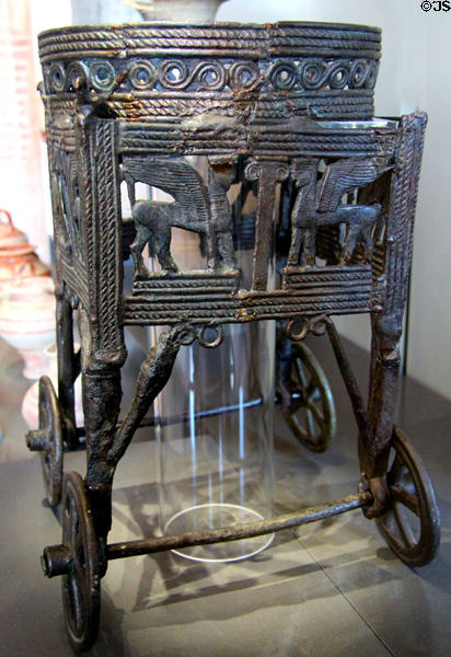 Bronze wheeled stand for cauldron (12th-11thC BCE) from Larnaca, Cyprus at Neues Museum. Berlin, Germany.