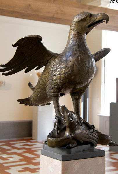 Bronze lectern in form of eagle on dragon (c1230-49) from Lower Saxony at Bode Museum. Berlin, Germany.