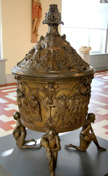 Bronze baptismal font of Wilbernus (c1230) from Lower Saxony at Bode Museum. Berlin, Germany.